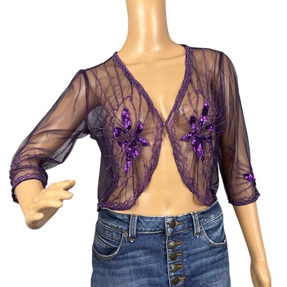 Vintage Y2K Beaded Sheer Jacket Floral Pattern Sequins Dark Purple Whimsygoth - Picture 1 of 8